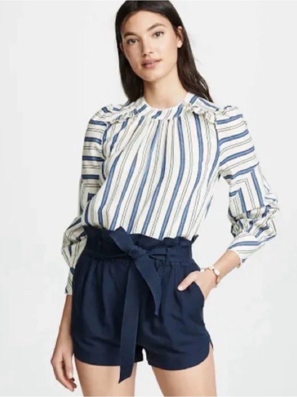 Frame NWT Linen Blend Paperbag Navy Blue Belted Shorts Large